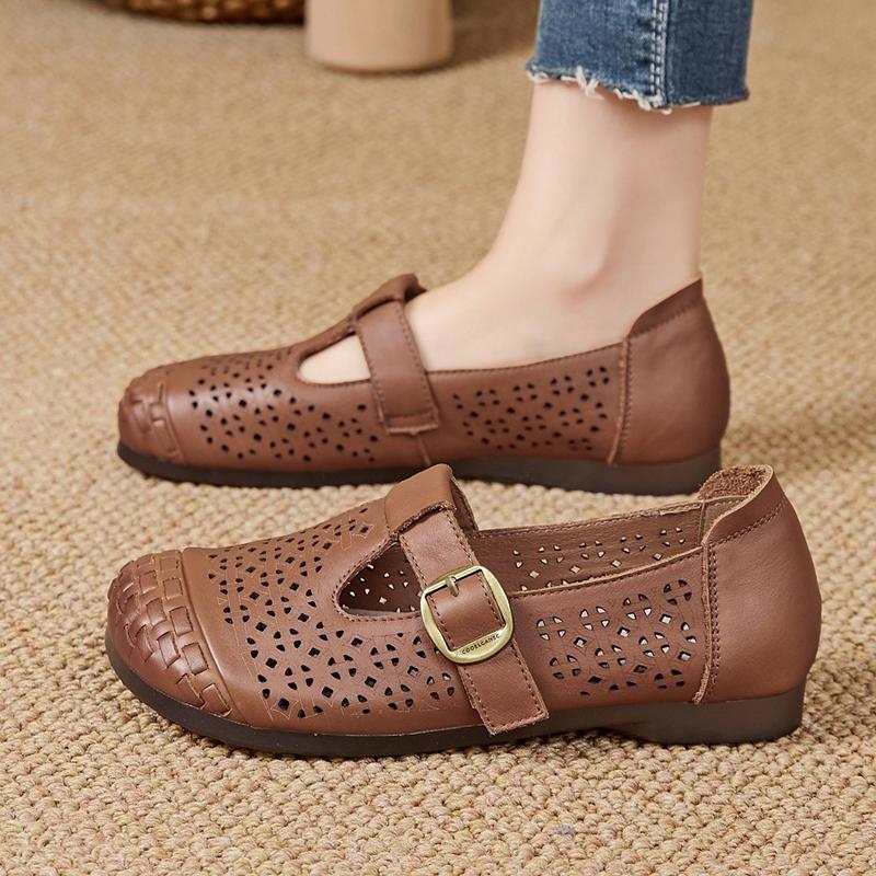 Women's Sandals Shoe Flat and Comfortable HoleHole Mary Jane Shoes Women Genuine Leather Summer Hollow Out Female Shoes