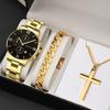 Watch Men'S Calendar Steel Strap Large Dial Simple Bracelet Cross Necklace Set