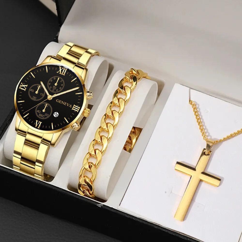 Watch Men'S Calendar Steel Strap Large Dial Simple Bracelet Cross Necklace Set