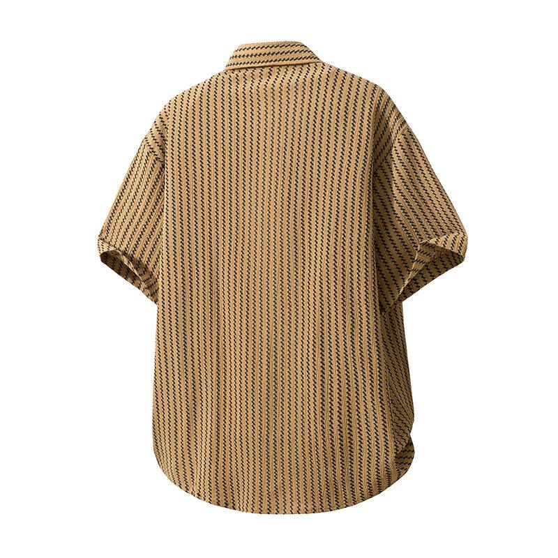 Men's Summer Casual Knitted Shirt Short Sleeve Striped Hawaiian Beach Top Fashionable Blouse