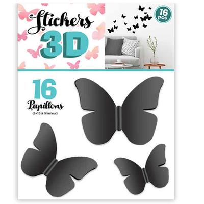 [Q8030] - 16 3D 'Butterflies' Black Stickers - Sheet 30x22 Cm