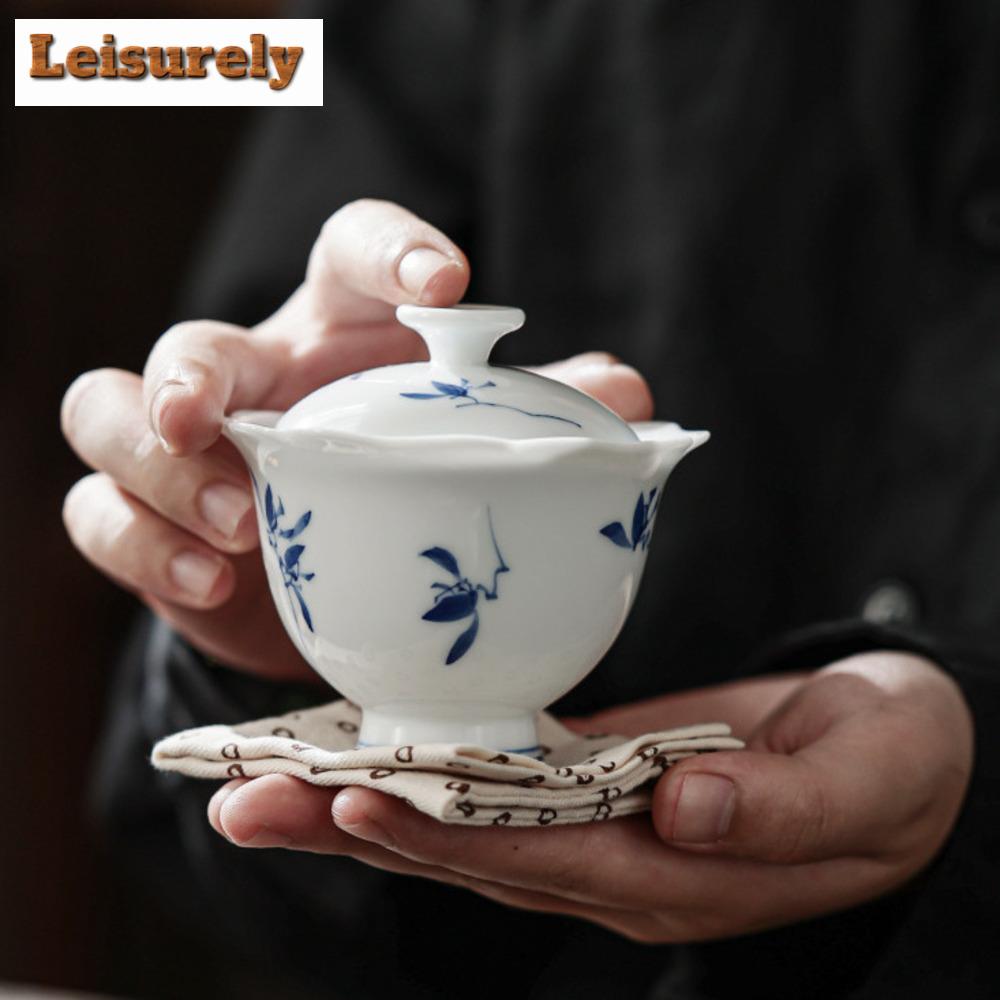 100ml Hand-painted Butterfly Orchid Gaiwan Luxury Petal High Foot Tea Tureen Tea Maker Cover Bowl Chinese Kung Fu Tea Supplies