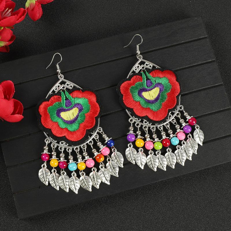Yunnan Double-sided Embroidered Fabric Earrings, Long Leaf Tassel Personalized Earrings, Retro Miao Earrings for Women