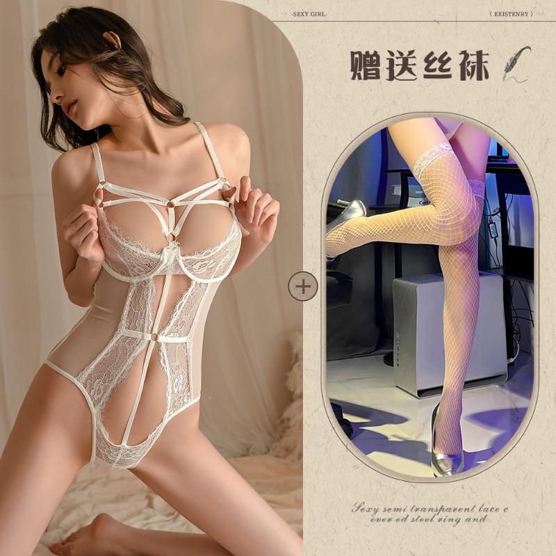 Night listening incense lingerie sexy lace temptation steel ring gathering onesie women's hot hollow open uniform