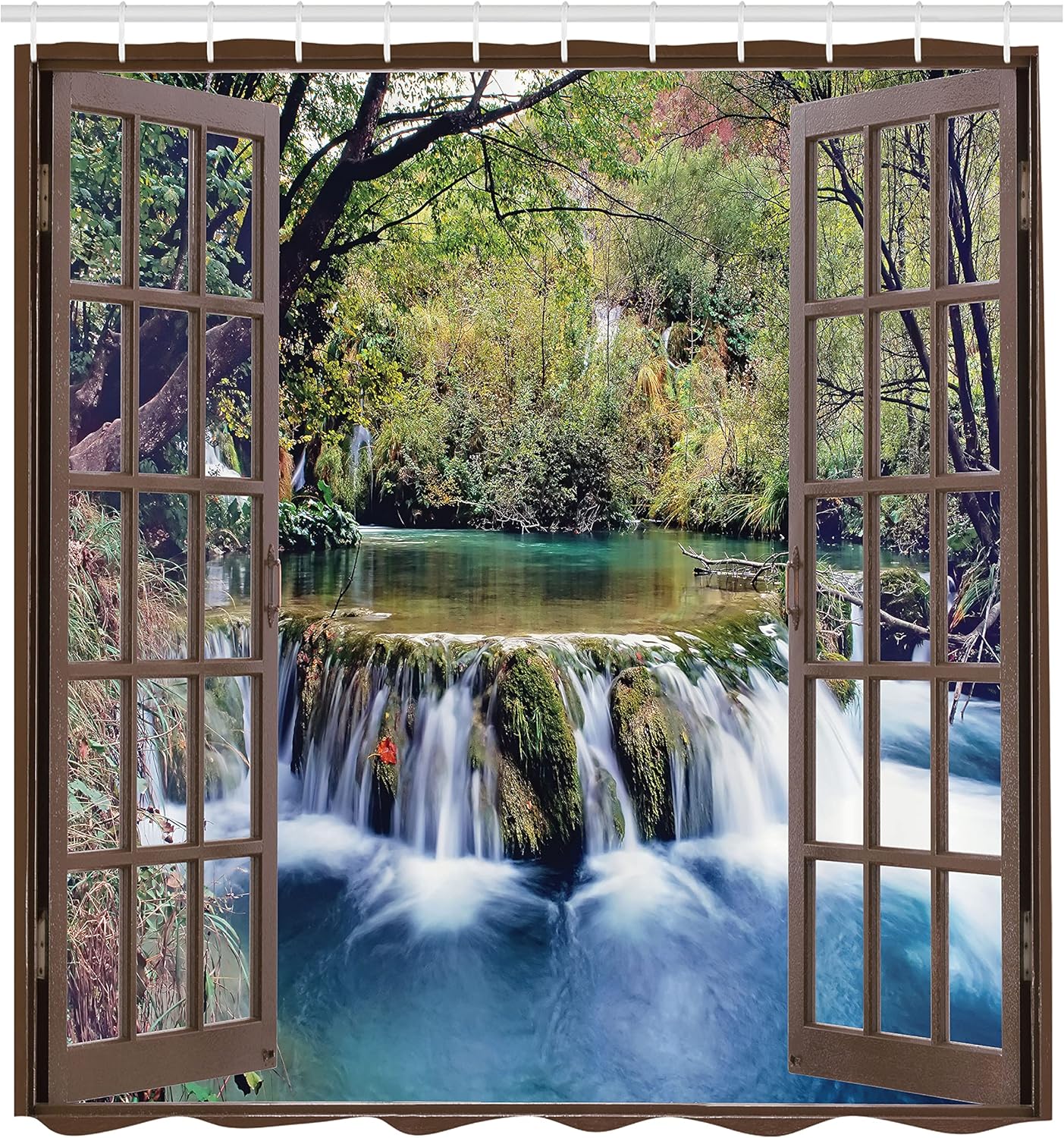 

Waterfall Shower Curtain, Wide Waterfall Deep Down In The Forest Seen From A City Window Epic Surreal Print, Cloth Fab W60H190(CM)-1 Pcs