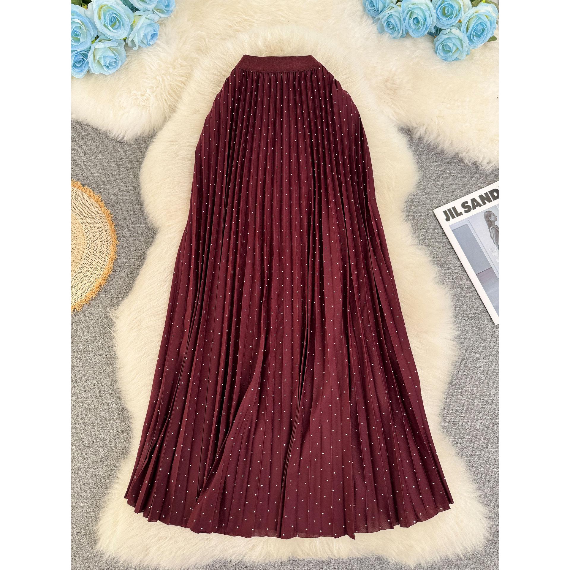 High-Waisted A-Line Skirt with Rhinestone Detail and Pleated Hem One Size вино красного