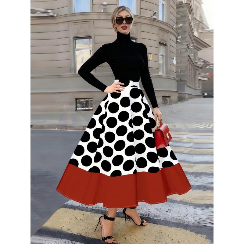 Printed Design Four Season Black and White Polka Dot Red Border Minimalist Style Skirt
