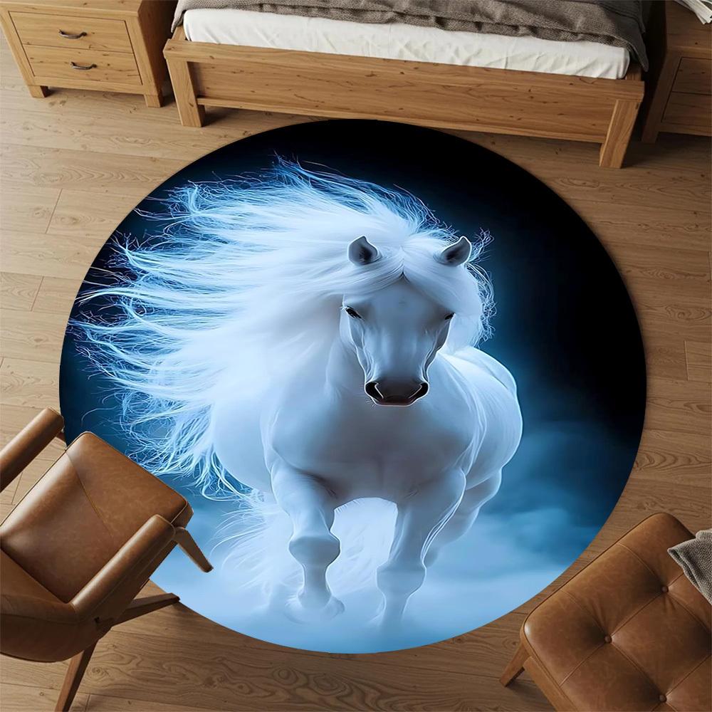1pc White Horse Fantasy Round Chair mat office Area Rug - Non-Slip, Floor Mat for Office, Bedroom, and Indoor Decor p127004