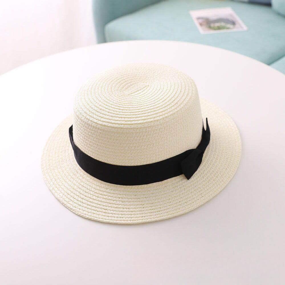 1pc Panama Hat Simple boater Summer Beach Hat Female Casual Lady Women Flat Brim Bowknot Straw Cap Girls Sun Hat Chapeu Feminino