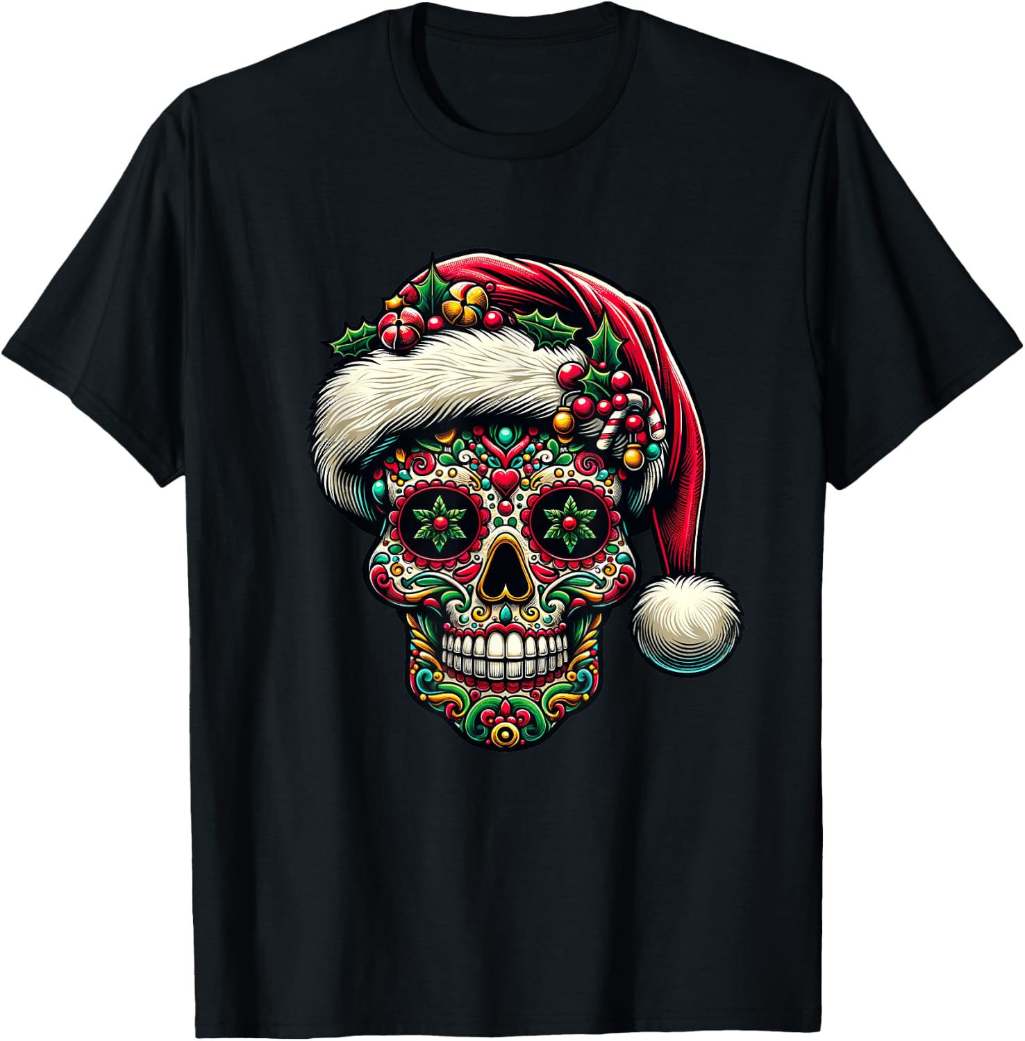 Christmas Sugar Skull Santa Hat Day Of The Dead Xmas Holiday T-Shirt S