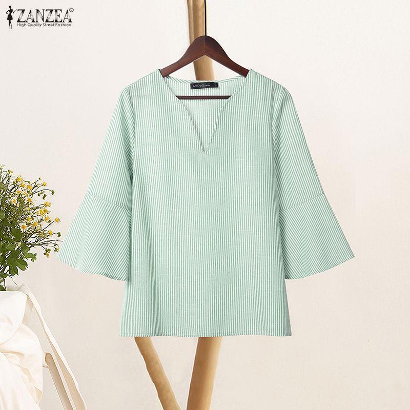 ZANZEA Women Casual V-Neck Summer 3/4 Sleeve Stripe Blouse