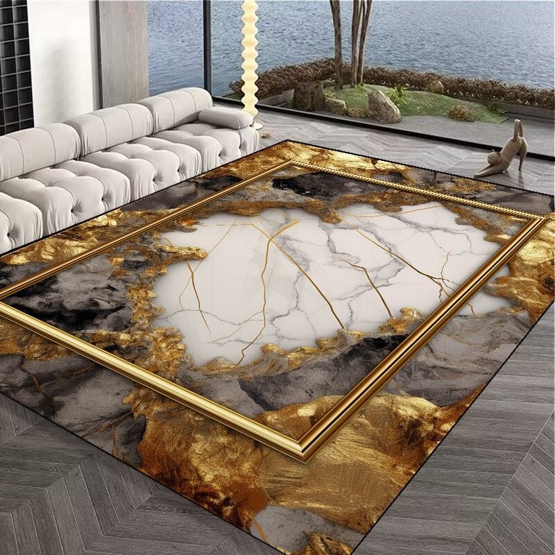 Alfombra Decorativa de Sofá para Interiores y Exteriores de Lujo Negra Incrustada con Oro Alfombra de Área para Mesas de Café Alfombrilla Suave Antideslizante para Niños