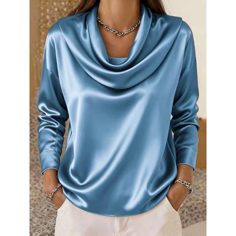 Women's Satin Cowl Neck Blouse Long Sleeve Casual Loose Fit Top