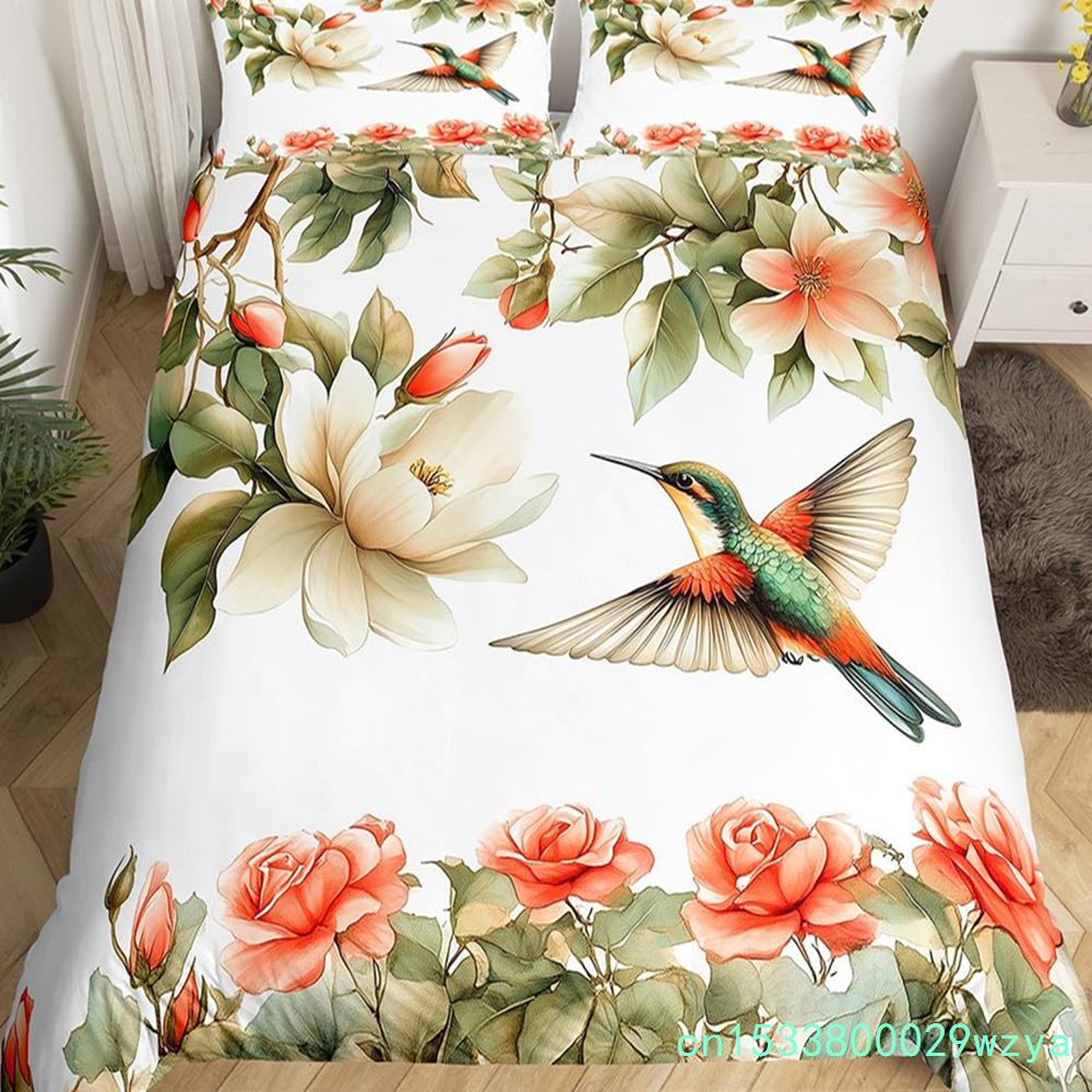 Copripiumino Floreale Colibrì Set Biancheria da Letto Uccelli Blu Verde Primavera Animali Selvatici Coperta Trapuntata Botanica Coperta Trapunta in Poliestere
