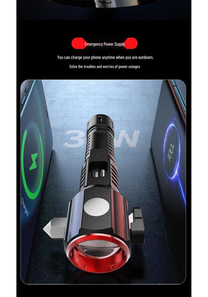 Portable Multi-Functional Safety Hammer with Strong Flashlight for Car and Outdoor Emergencies