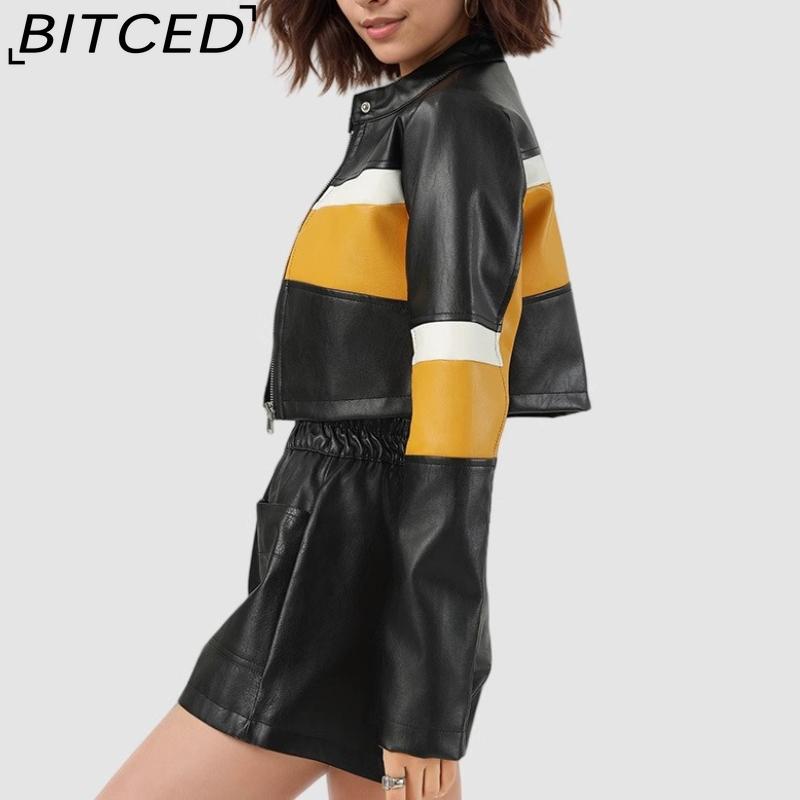 BITCED PU Leather Contrast-Colour Patchwork Sexy Leather Jacket, Stand Collar, Slim-Fit Cropped Style, Trendy Biker Jacket for Women