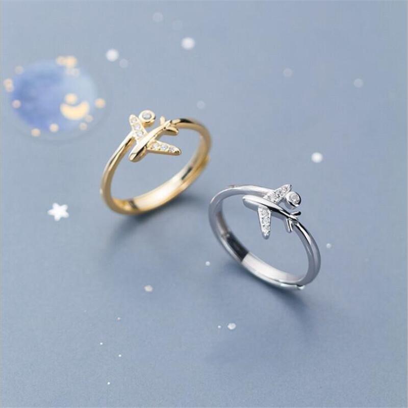 New Exquisite Zircon Airplane 925 Sterling Silver Temperament Personality Sweet Double Layer Crystal Opening Rings TYB014