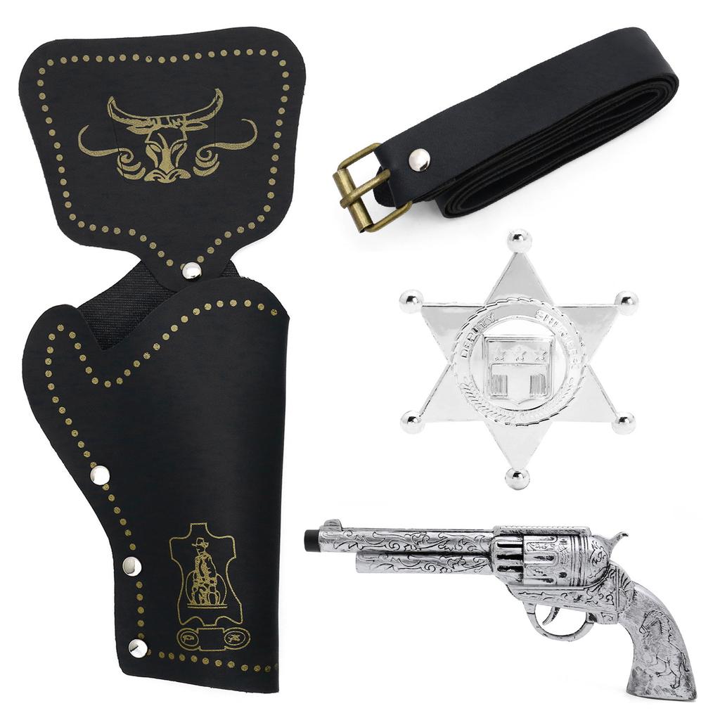 Western Cowboy Costume Accessory Set Sheriff Hat Bandana Holster Belt Badge Gun Halloween Cosplay Props