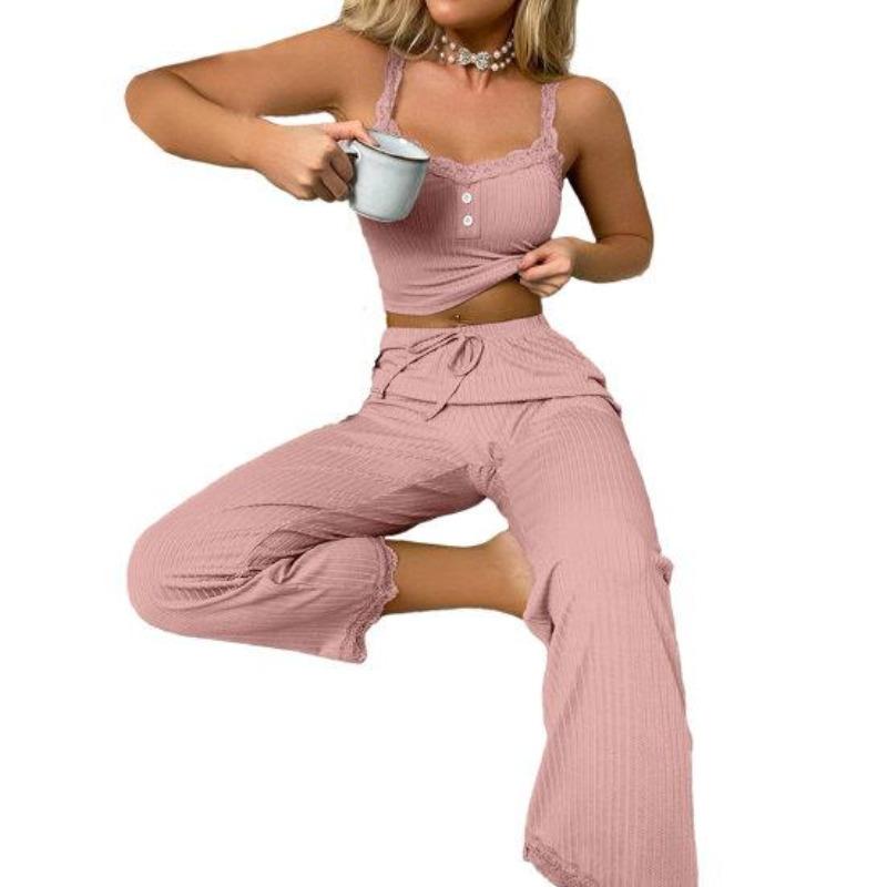 2 Pcs/Set Pants Top Suit Low-cut V Neck Sleeveless Solid Color Shirring Drawstring High Elastic Waist Lace Women Summer Pajamas Set Homewear CLE