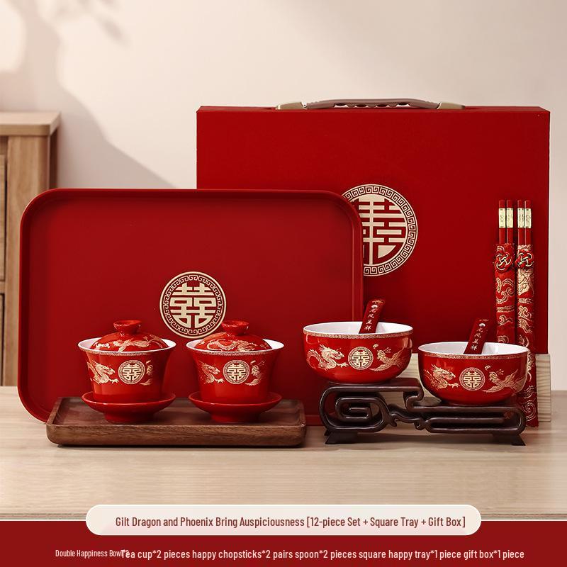 Red Wedding Tea Cups & Chopstick Set: A Perfect Bowl Set for Tea Toasting and Dowry.