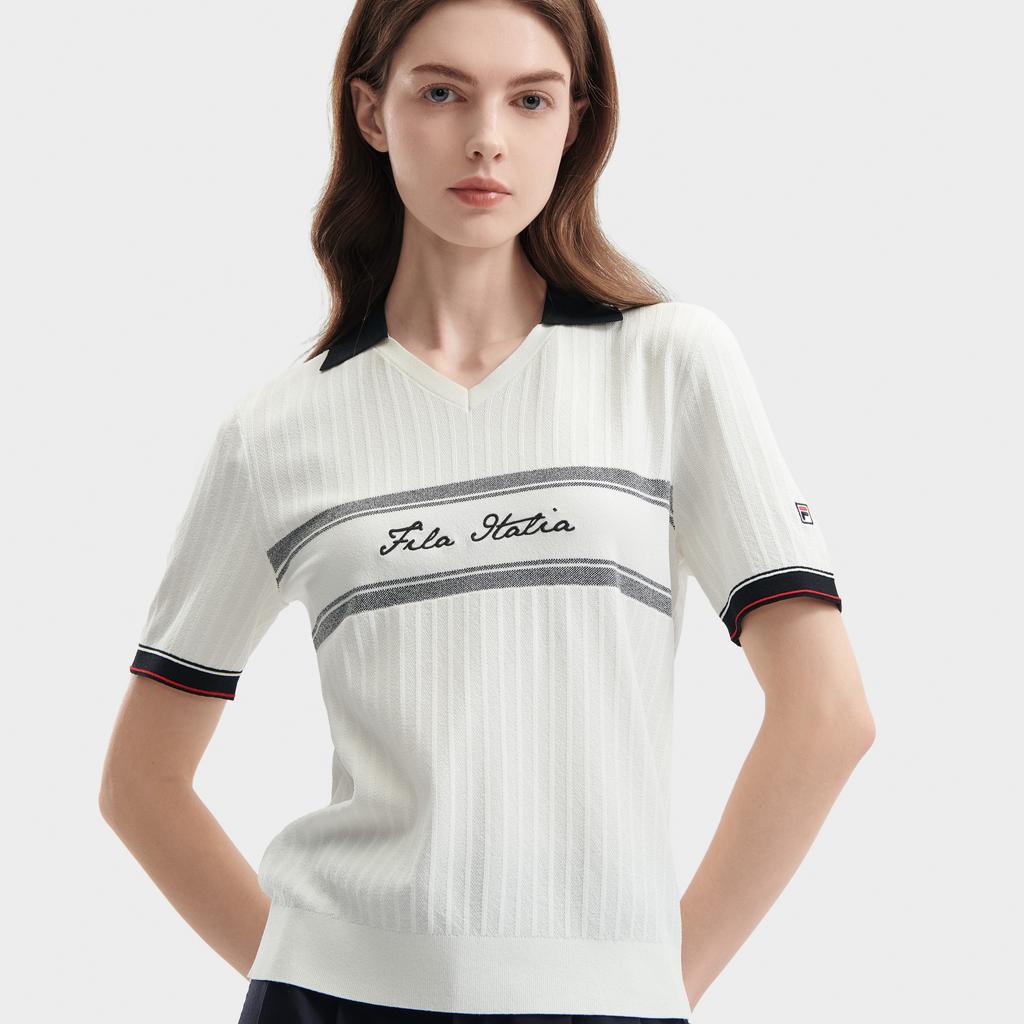Fila Color Block Striped Letter Print Casual Short Sleeve Knit Top Women Tops White F11W421405FWT