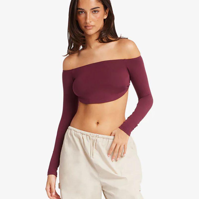 

Новинка Сексуальная одежда для йоги с открытыми плечами и нагрудными вкладышами Сексуальный женский клетчатый короткий облегающий спортивный топ для фитнеса Burgundy L