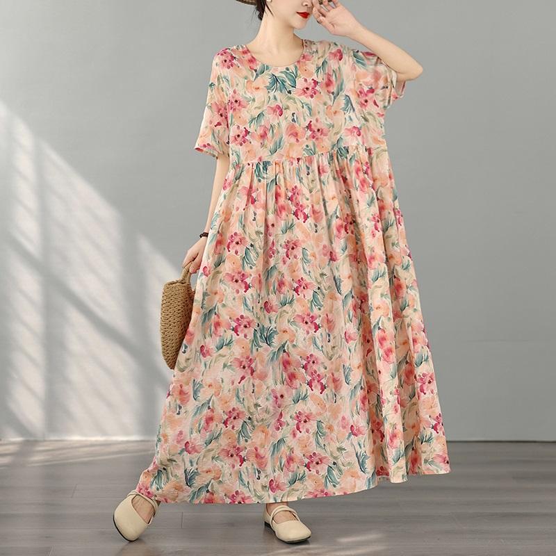 Kurzarm Plus Size Baumwolle Vintage Blumenmuster Neu in Kleidern für Damen lässig locker langes Sommerkleid