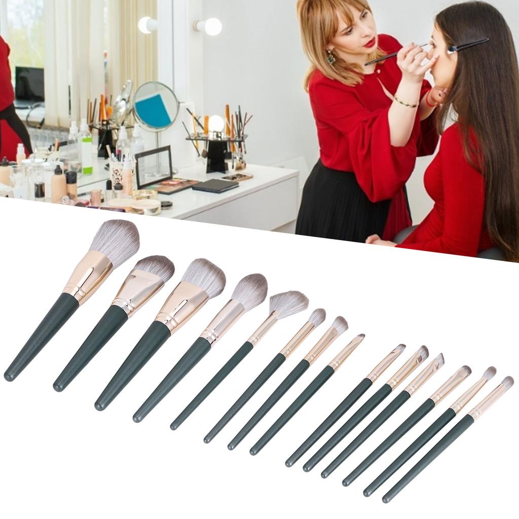 14Pcs Makeup Brush Set Dark Green Beginner Cosmetic Powder Blusher Eyeshadow Blending Tool