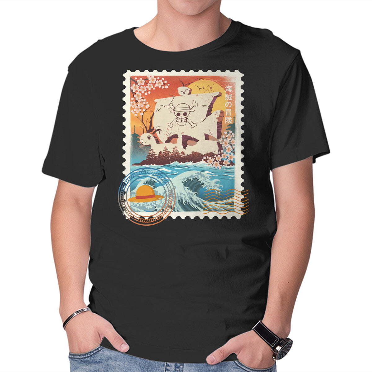 Unisex Crew Neck T-Shirt Pirate Mail Stamp Graphic Short Sleeve Casual Tee M