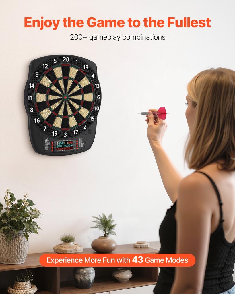 Electronic Dart Board, 336mm Target Dartboard with 43 Games & 200+ Variations for Up to 8 Players, 6 Dart Shafts with Flights & 50 Soft Tips, Color