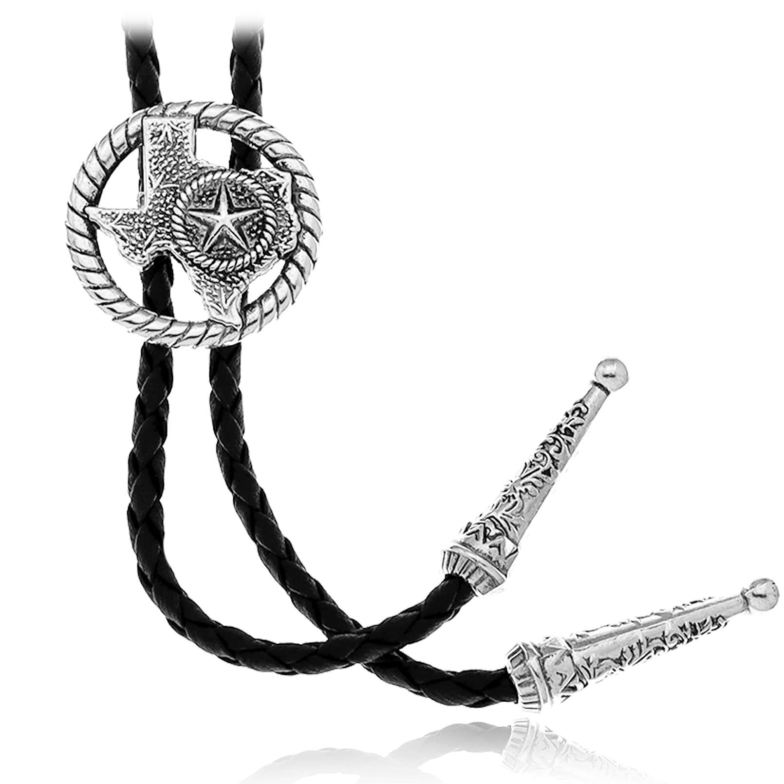 

[Yzbeutf] Vintage Bolo Tie for Men and Women, Texas Map Star Tie, Western Bolo Tie, Black Leather, Cowboy, Cowgirl (Silver Map)