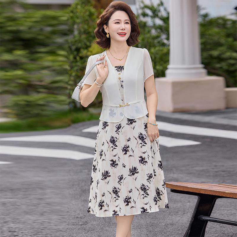 

Stylish Chiffon Short-Sleeve Two-Piece Dress for Middle-Aged and Elderly Women 4XL (135-145 jin)