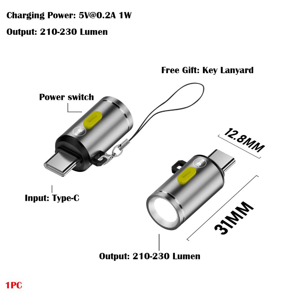 230 High Lumens Type-C Mini Flashlight with Lanyard Portable USB C Emergency Lamp Aluminum Alloy Plug and Play