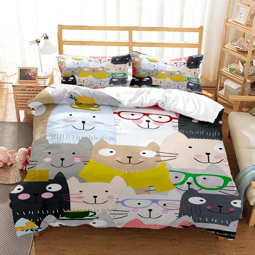 Cute Cat Print Quilt Cover Pillow Cover Bedding Set Luxury Queen Bedding Set Cute Style Customized Boys Bedding Set