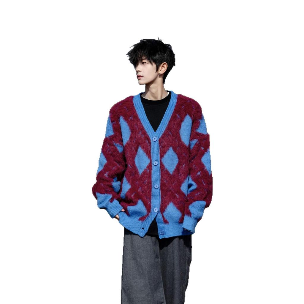 Men's Autumn/Winter Retro College Diamond Check Cardigan - Soft, Sticky, Trendy, Casual Knitted Style for Couples