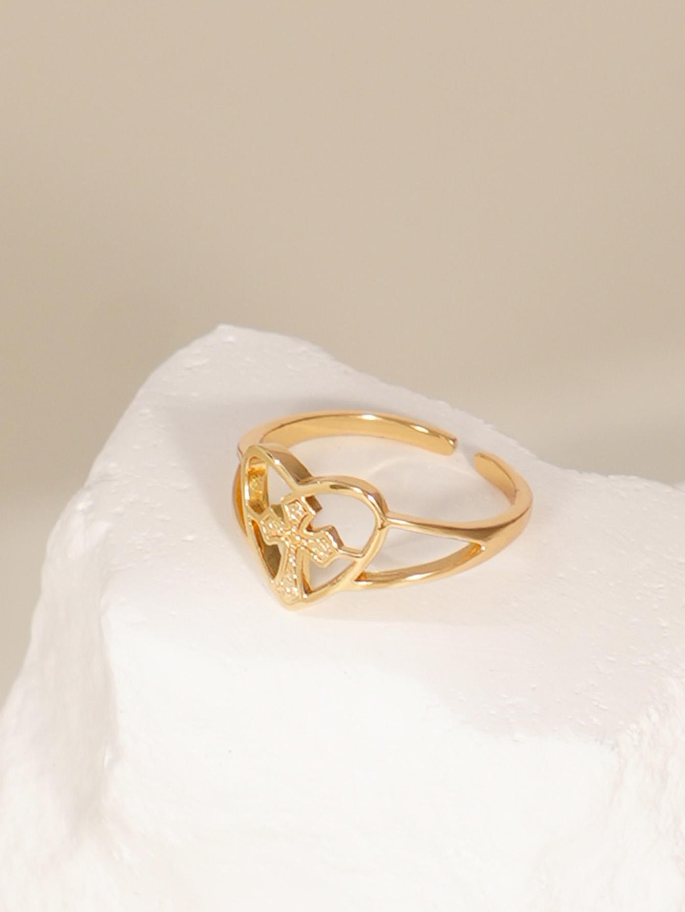 Fashionable Minimalist Hollow Cross Heart Open Ring for Daily Commuting Casual Jewelry Accessory золотистый