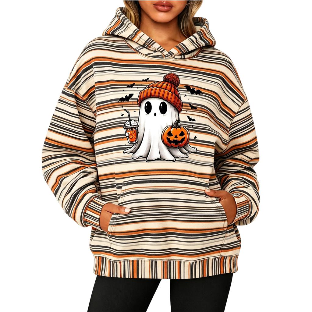 Women's Fashion Striped Print Long Sleeve Pullover Hoodie with Pockets for Halloween