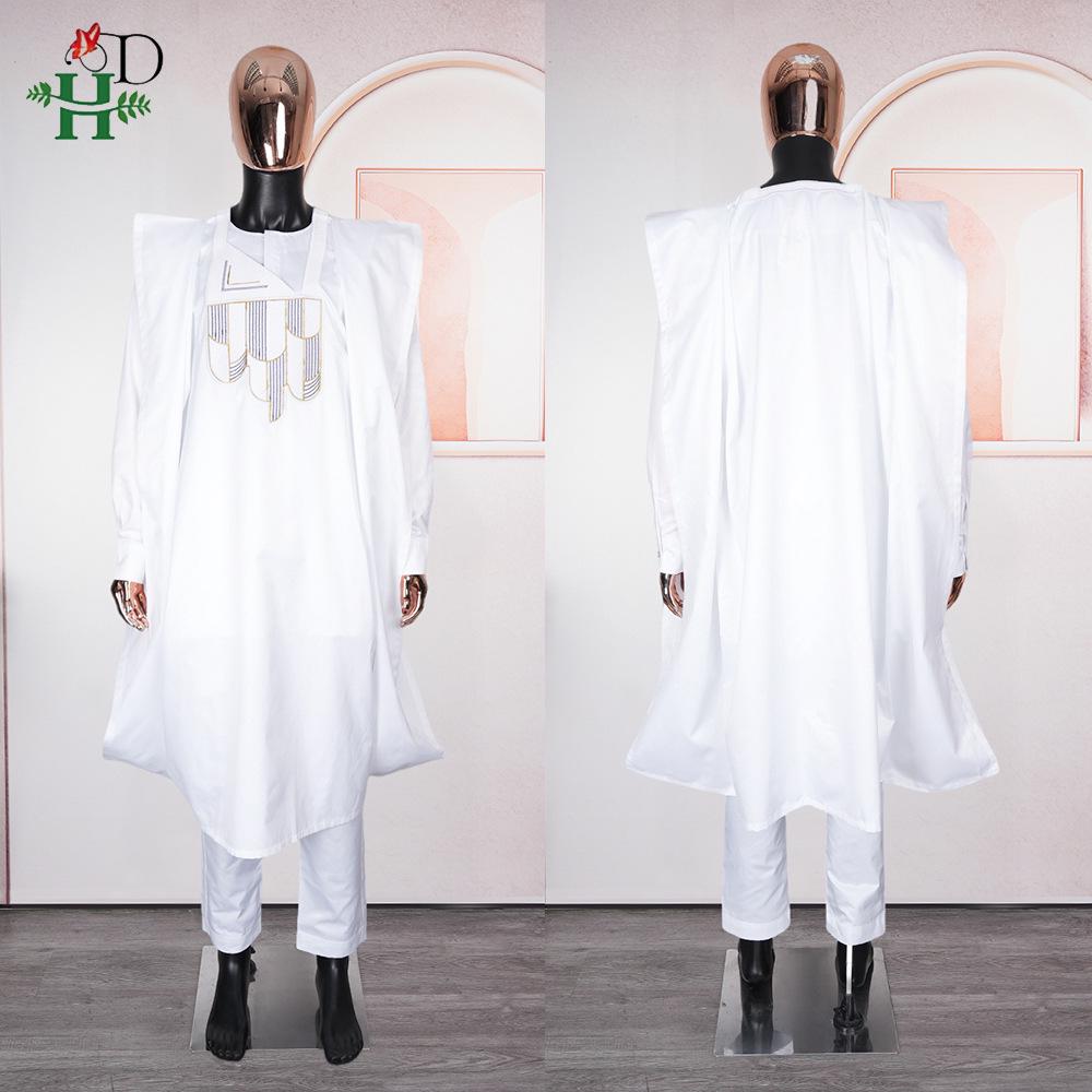 African Men's Traditional Three-Piece Set: Embroidered Robe, Pants, and Matte Cloth
