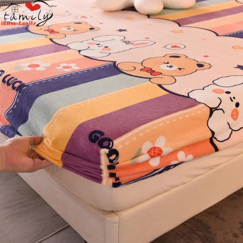 Winter Warm Thicken Flannel Elastic Fitted Sheet Mattress Protector Cover Cartoon Print Plush Soft Cozy Bed Sheet Home Decor