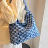 New niche design denim contrasting color plaid tote bag student casual versatile large-capacity shoulder bag