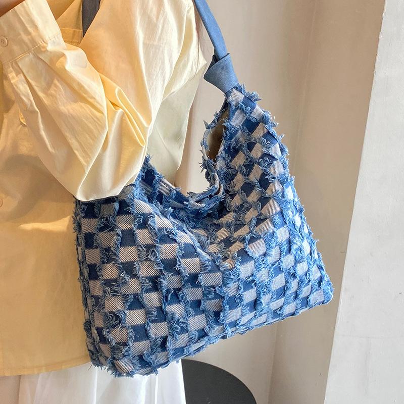 New niche design denim contrasting color plaid tote bag student casual versatile large-capacity shoulder bag