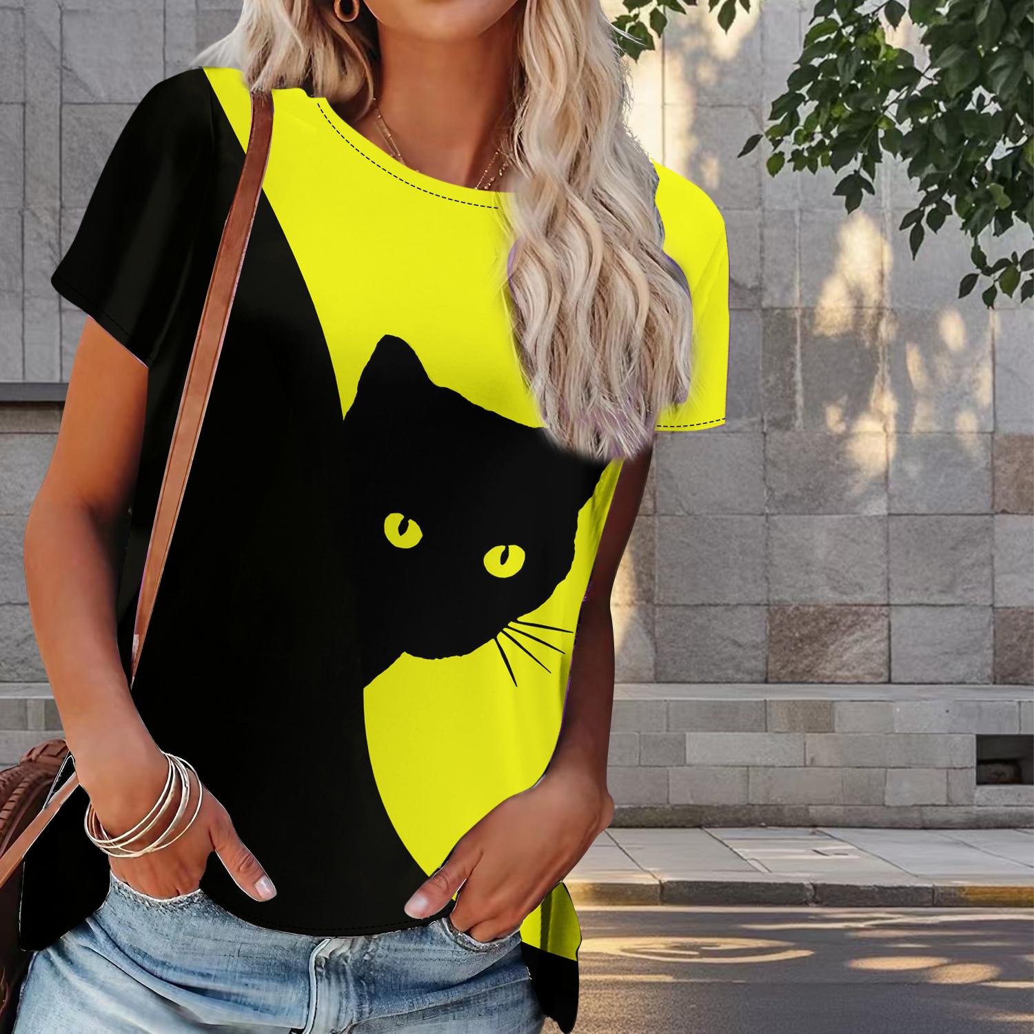 

Женская летняя футболка с принтом черного кота в стиле ретро, футболки с коротким рукавом, повседневные топы с принтом 8XL жёлтый