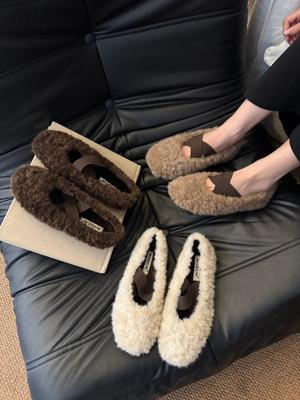 2025 Winter New Puff Fluffy Ballet Shoes Cross Belt Wear Fluffy Shoes Women's Flat Plush Ballet Shoes