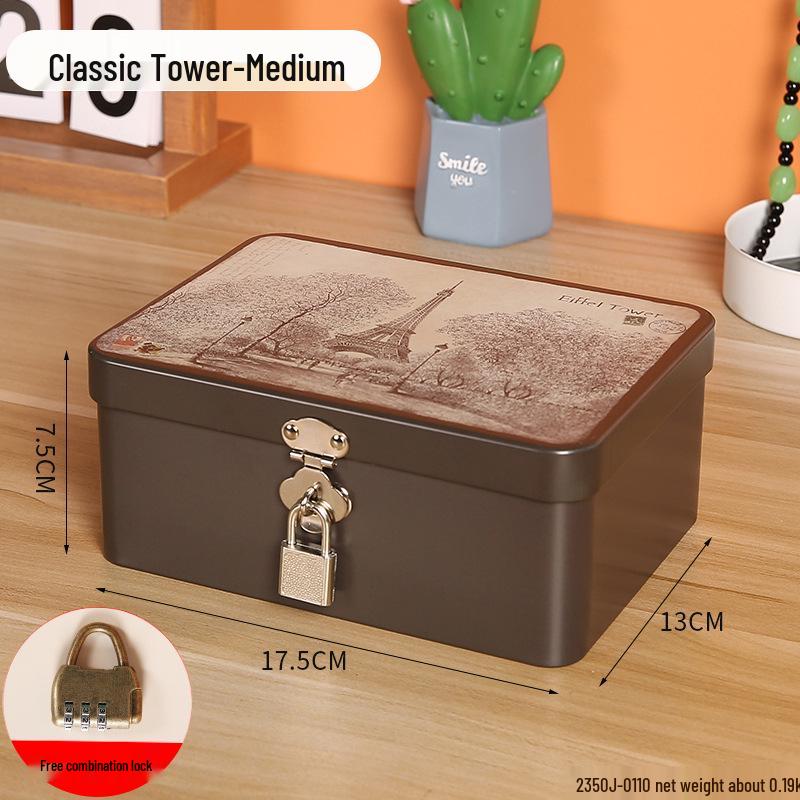 Lockable Retro Tin Box for Cosmetics, Documents, and Jewelry Storage