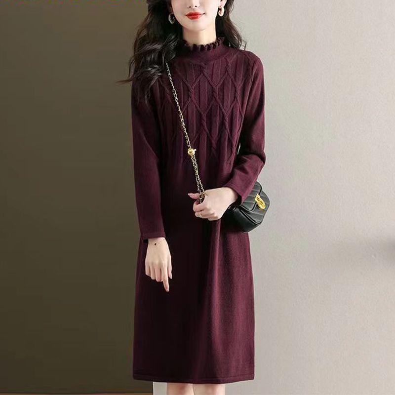 

Универсальное вязаное платье-свитер женское осенне-зимнее средней длины с грибовидным воротником и волосяной основой для среднего возраста XXXL
