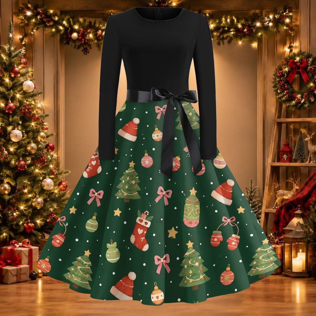 Women's Casual Christmas Print Long Sleeve Round Neck Slim Fit Flared Party Dress
