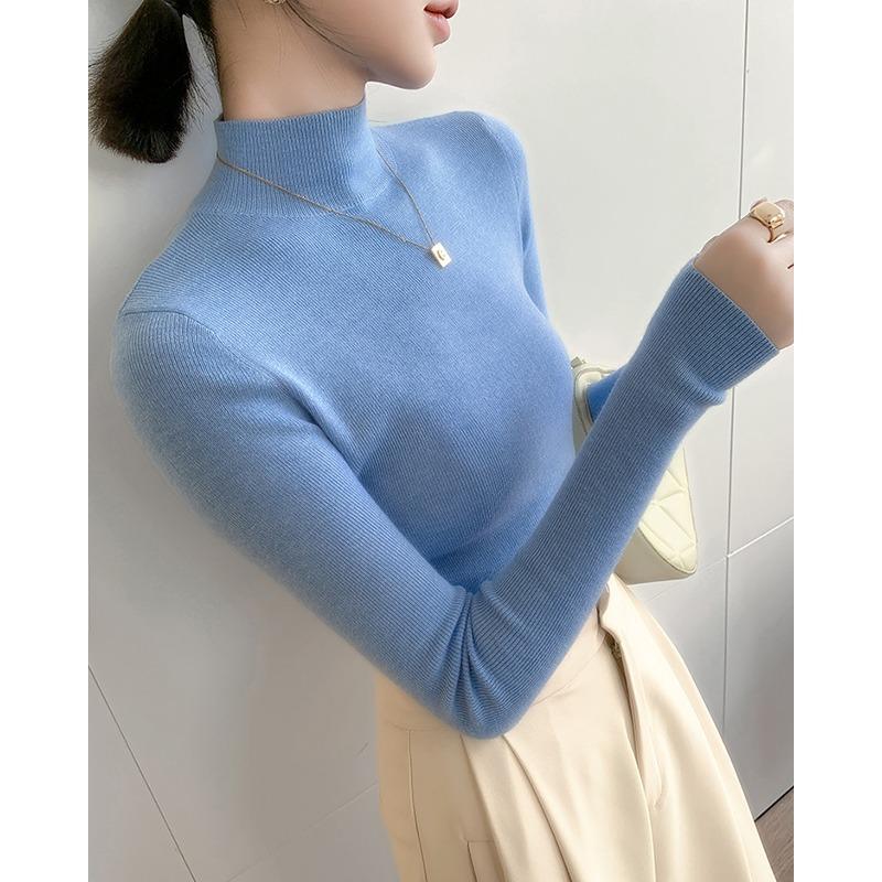 Autumn and Winter Semi High Neck Knitted Sweater Women Long Sleeve Solid Casual Base Sweaters Tops Office Lady Elegant Slim Fit Knitwear Jumper 25049