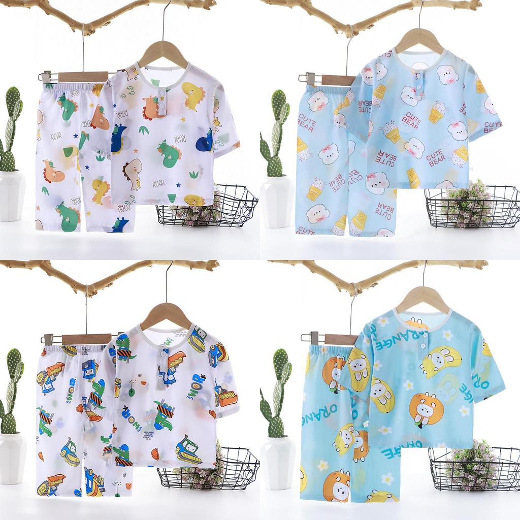 Cartoon Dinosaur Kids Sleepwear Set With Breathable Cotton Silk For Summer Comfort