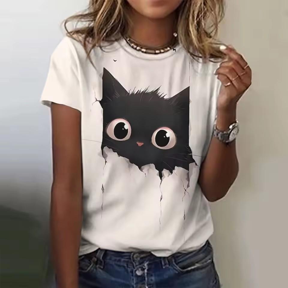 Summer Round Neck 3D Animal Cat Print Top Fashionable Casual Short Sleeved Women's T-shirts
