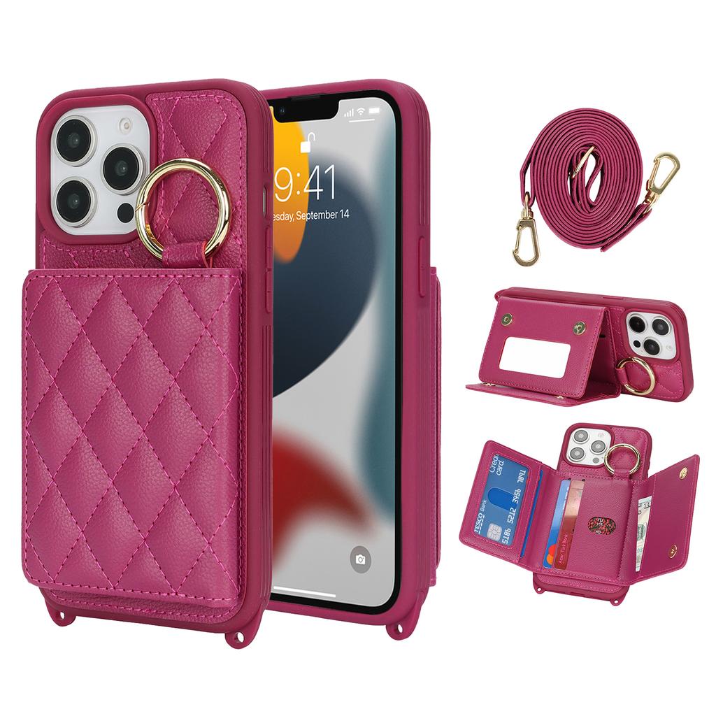 For iPhone 13 Pro Max/12 Pro Max Case with Lanyard/Mirror/Card Holder Grids Pattern RFID Blocking Phone Cover
